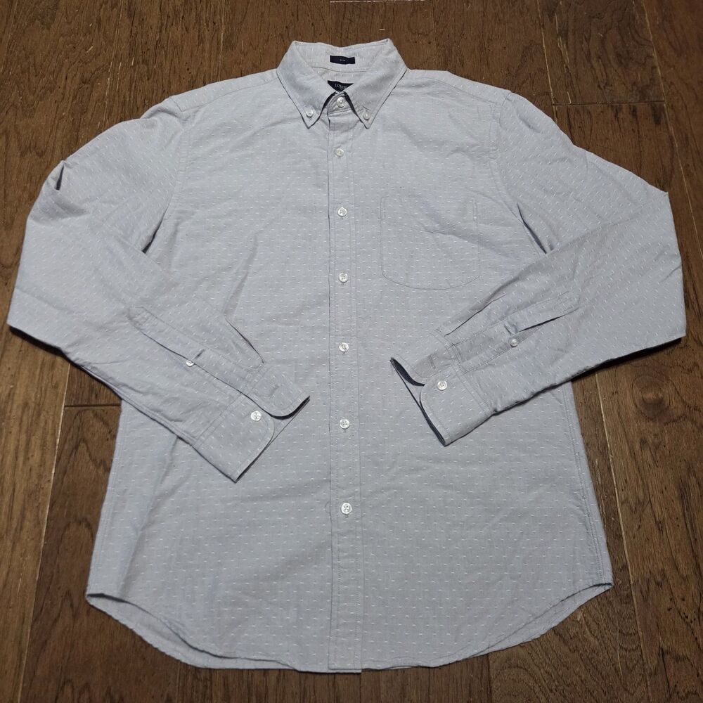J.Crew Shirt Mens Medium Light Gray Dotted Pattern Oxford Long Sleeve Slim Fit